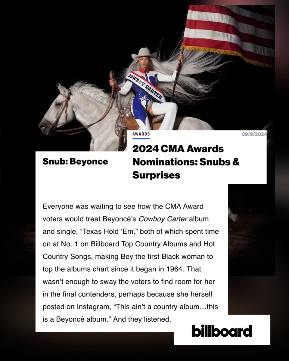 Well the <a href="/CountryMusic/">CMA Country Music</a> Awards nominations are out, and somehow, Beyoncé’s “Cowboy Carter” album and singles didn’t receive not 1 nomination. I guess they are still trying to make her feel as if she isn’t welcome.

BeyHive… yall ready to sting?