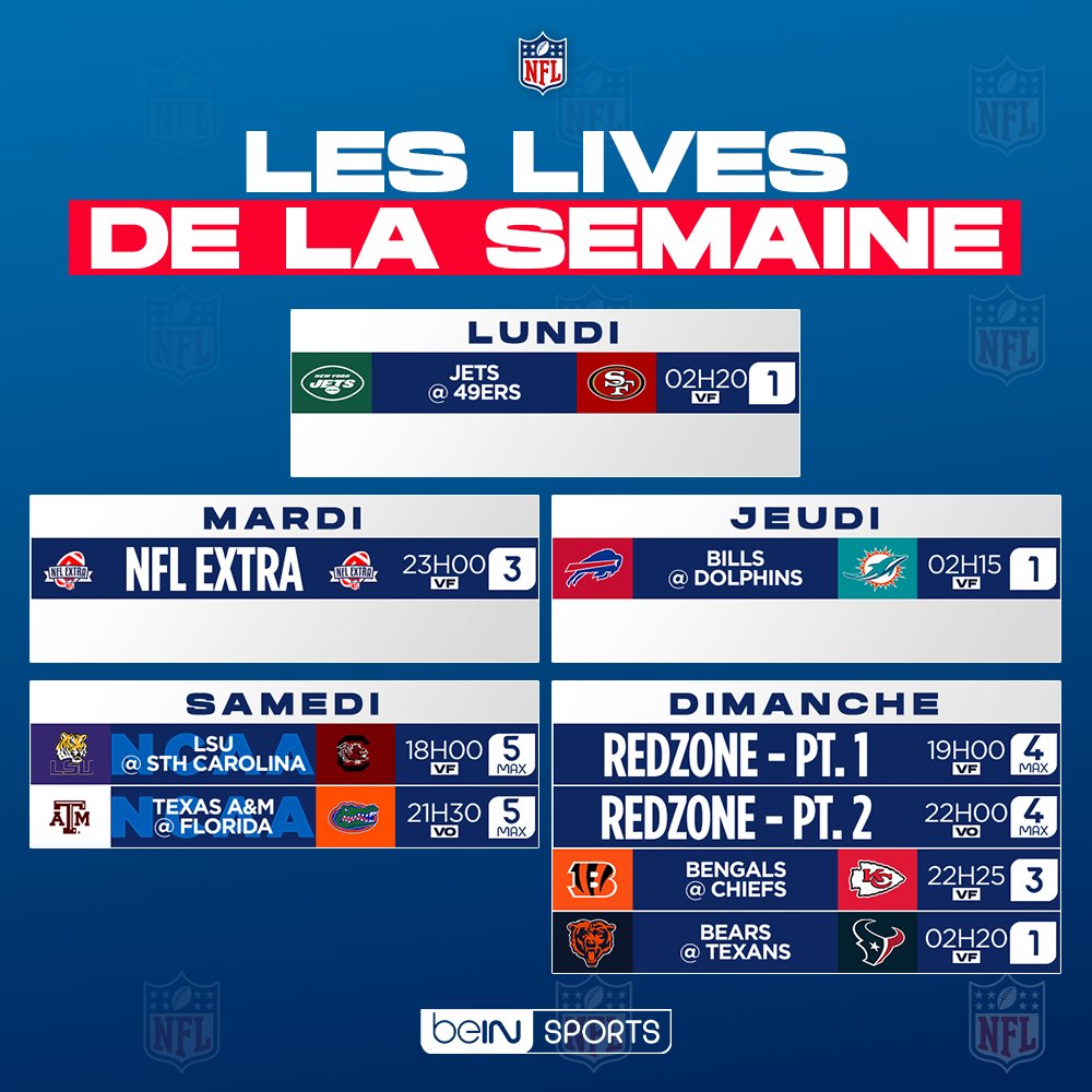 🏈 #NFLextra 
🚨 Voici le programme du 09 au 15 Septembre sur <a href="/beinsports_FR/">beIN SPORTS</a> (sous réserve de modifications) !

🎙️5 Matchs en VF et 1 en VO
🥳 La Red Zone en VF puis VO
🎥 Le retour de l'émission NFL Extra