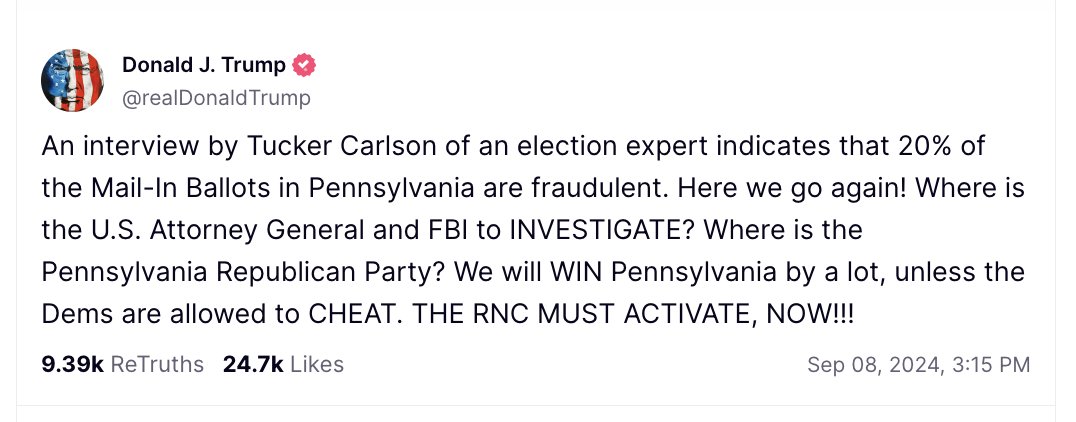 MattGertz's tweet photo. Donald Trump spent the weekend before his debate with Kamala Harris threatening a "bloody" mass deportation regime, claiming without evidence that election fraud is underway in PA, and threatening mass prosecutions of anyone involved in election fraud like that he falsely claimed happened in 2020.