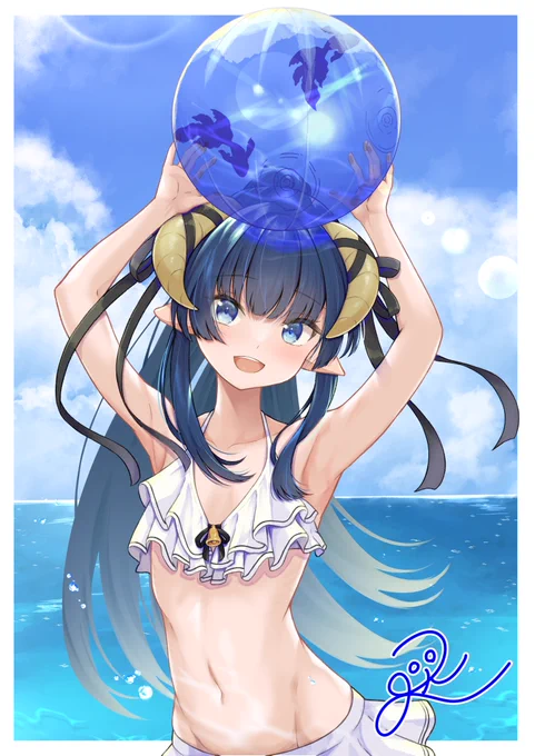 9月はまだ夏なので水着を描いても良い(?)1周年おめでとうございます。気持ちロリな水着夜因さんです。#夜因の心絵 
