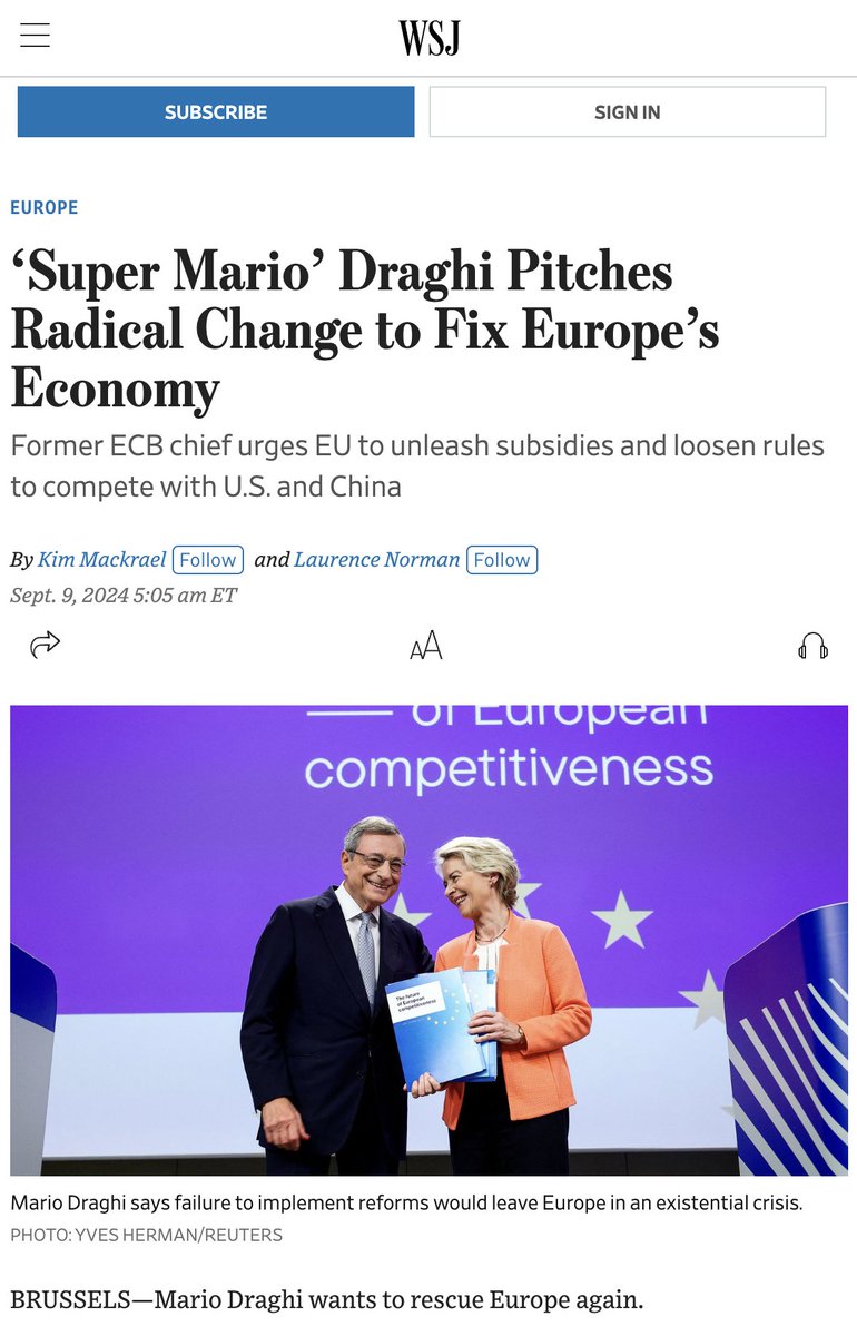 🇪🇺 eu/acc

A few weeks ago Mario Draghi asked my recommendations for his report that came out today about European competitiveness

I had a call with him and summarized my problems with doing business in the EU

I wrote this which is included in the report presented to the