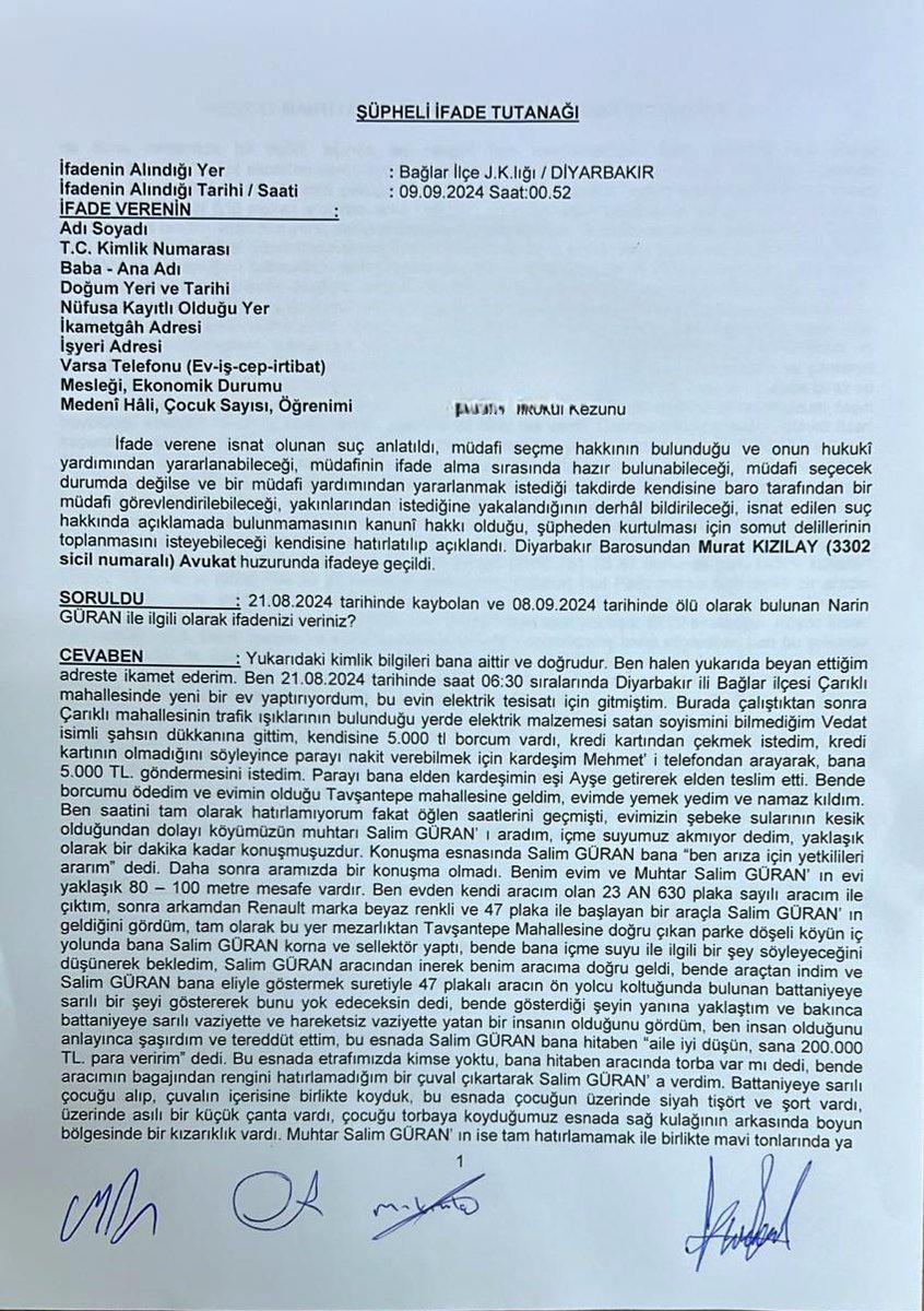 ankaragaztecisi's tweet photo. Narin Güran'ın cesedini amcası ve köy muhtarı Salim Güran'ın isteği üzerine dere yatağına atan şüpheli N.B.'nin Jardarma verdiği ifade tutanağı. https://t.co/VtF62c2BQY