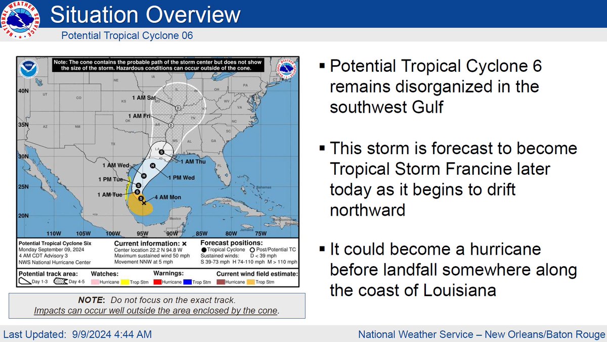 JeffParishGov's tweet photo. We continue to monitor Potential Tropical Cyclone Six, and ask that all Jefferson Parish residents remain vigilant and stay weather aware. Stay tuned for more updates and sign up to receive alerts by texting JPAWARE or JPNOTICAS to 888-777 ⚠️ #JPaware @NWSNewOrleans https://t.co/hV4SKa80tf