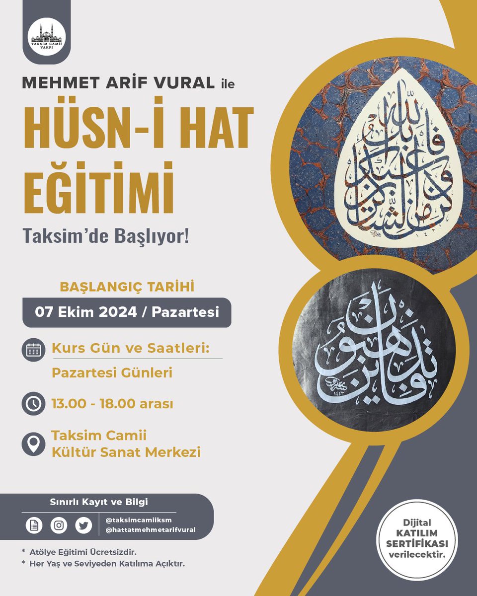 Mehmet Arif Vural ile Hüsn-i Hat Eğitimi Taksim’de Başlıyor! *
 
Başlangıç Tarihi:
07 Ekim 2024, Pazartesi

Bilgi ve Sınırlı Kayıt için ⤵️
linktr.ee/taksimcamiiksm

* <a href="/HalkBeyoglu/">Beyoğlu Halk Eğitimi Merkezi</a> katkılarıyla.

#TaksimCamii
#SanatAtölyeleri
#HatKursu
#MehmetArifVural
#TaksimCamiiKültürMerkezi