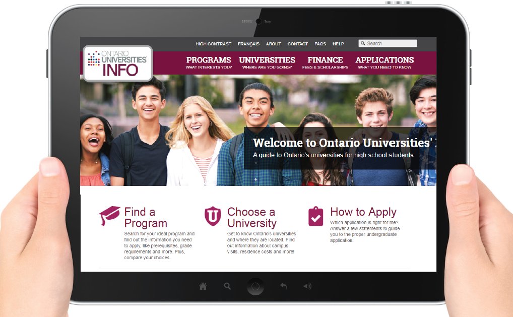 What is OUInfo?

It’s your guide to Ontario universities! This searchable website allows you to search programs, find admission requirements and even compare universities.

Start your university search at: ouinfo.ca.
