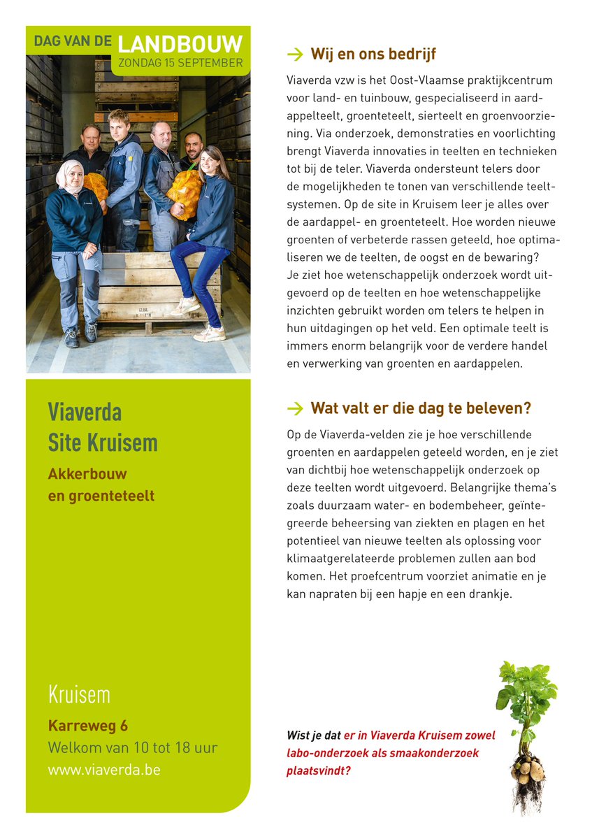 🚜🧑‍🌾🌱 Tijdens de Dag van de Landbouw op zondag 15 september 2024 krijgt iedereen van 10 tot 18u de kans om een kijkje te nemen achter de schermen van Viaverda in Kruisem. Van harte welkom! 😮 Kom je ook? Meer info vind je op  viaverda.be/Agenda/ArtMID/….

#dagvandelandbouw