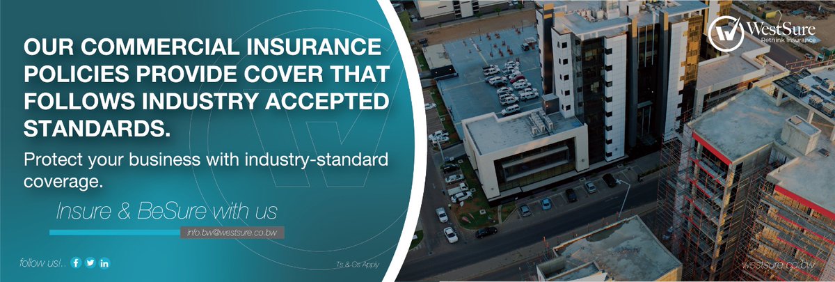 WestsureBW's tweet photo. We understand that businesses have different needs that require unique insurance risks hence we are able to tailor make cover that will be able to meet the requirements.
For more info, call us on +267 3710619 or email your requests to info.bw@westsure.co.bw 
#BeSure #BeWestSure https://t.co/WBtJQN7i44