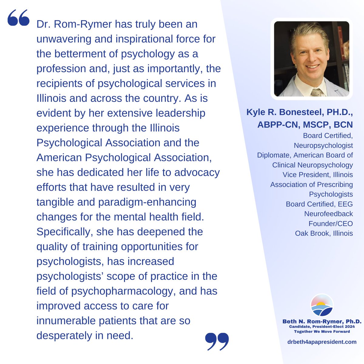 docbnrr's tweet photo. Click the link below to Dr. Kyle R. Bonesteel's Full testimonial of support for Dr. Rom-Rymer's candidacy for APA President

https://t.co/mFpNz00iKJ

#endorsement #testimonial #APA #APApresidentelectcandidate #APAcampaign #americanpsychologicalassociation #psychology https://t.co/iZ2PaCUyLm