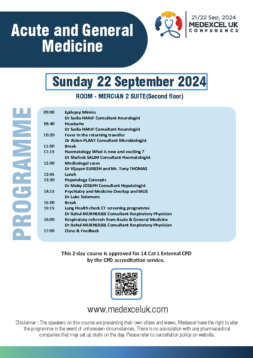 Registration is closing soon for the 5th <a href="/medexceluk/">Medexcel UK conferences</a> Acute and General Medicine Course! ⏰ This course is designed for consultants, clinical fellows, SAS doctors, and trainees across all medical specialties

Don’t miss out—reserve your spot now: bit.ly/3LgUOow