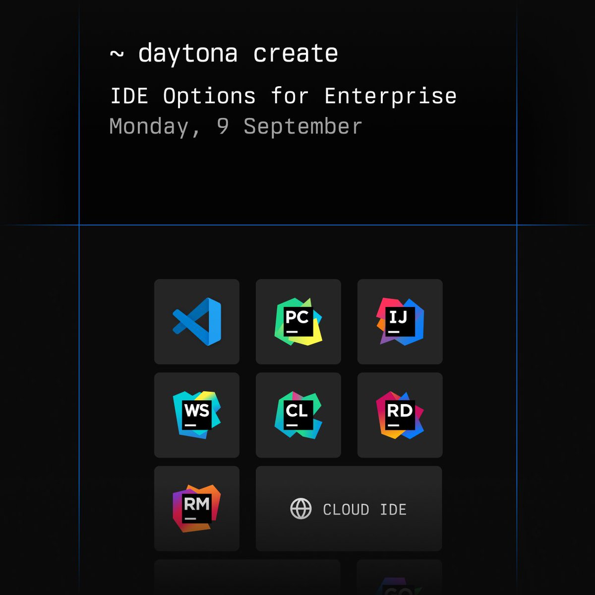 daytonaio's tweet photo. 🚀🦶 Kicking off Daytona's Launch Week with a focus on enterprise-grade IDE management. This update allows admins to control which IDEs can be used in workspaces, enhancing security and consistency across development teams. #DaytonaCreate #DaytonaEnterprise https://t.co/uY0STivMDD