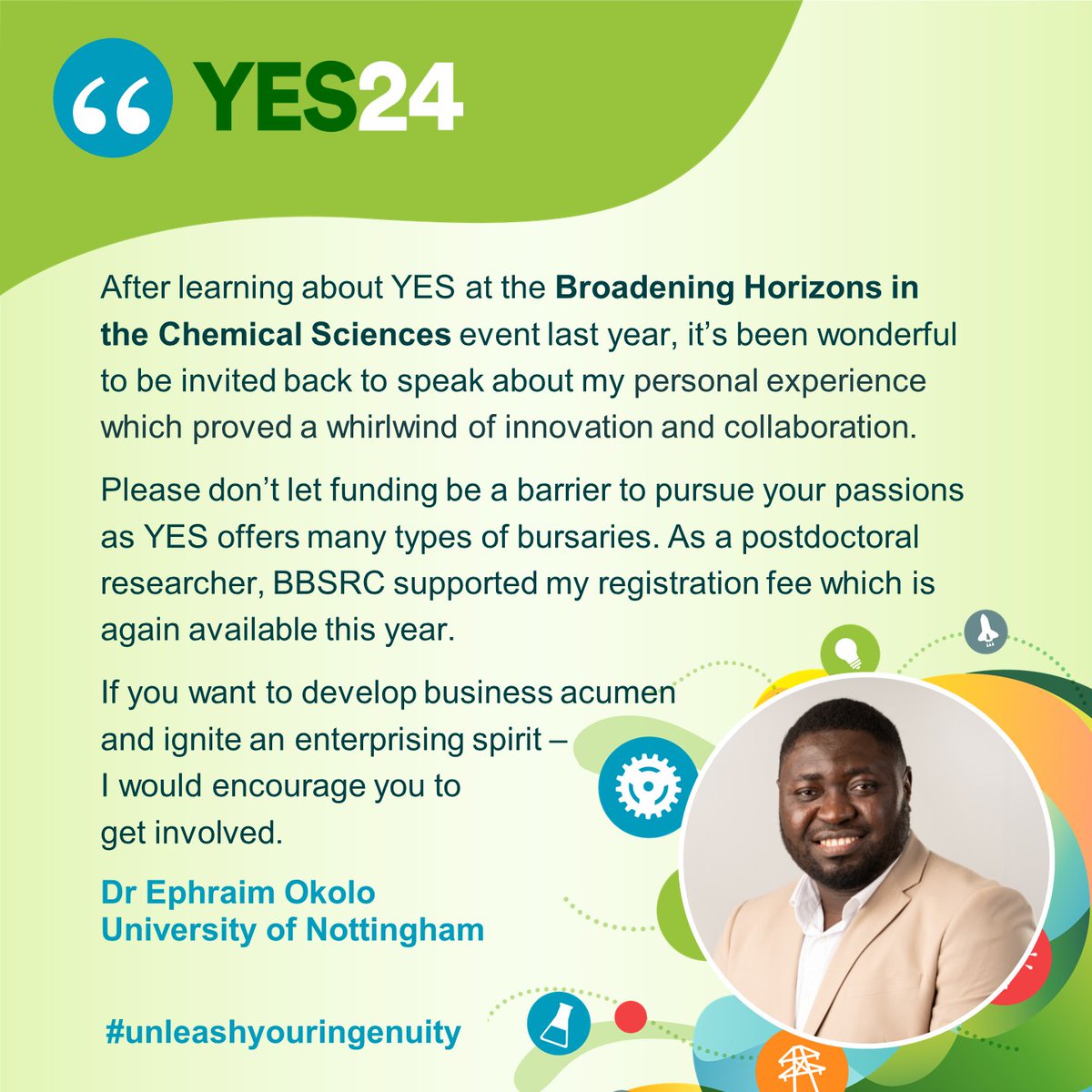 Calling all #Masters #PhDs #postdocs #technicians! Do you want to take part in #YES24 then apply by this Friday.

Info on bursaries: ow.ly/hHMZ50T4Hcq

🔰 #transferableskills #knowledgeexchange #careers

<a href="/RoySocChem/">Royal Society of Chemistry</a> <a href="/BBSRC/">Biotechnology and Biological Sciences Research</a> <a href="/ChemCommun/">Chemical Communications</a> <a href="/ChemicalScience/">Chemical Science</a> <a href="/ChemistryNews/">Chemistry News</a>