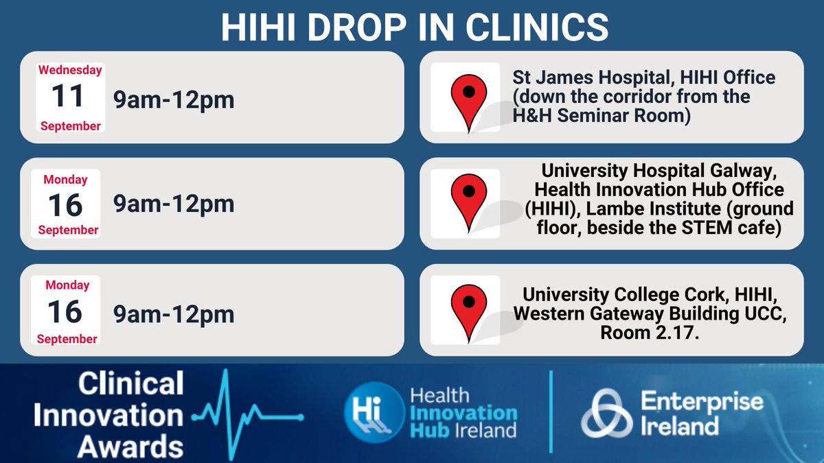 Health Innovation Hub Ireland (@hihireland) on Twitter photo Do you have an idea for a new medical device or healthcare technology? Visit us at one of our drop in clinics to find out more <a href="/tcddublin/">Trinity College Dublin</a> <a href="/uniofgalway/">Ollscoil na Gaillimhe | University of Galway</a> <a href="/UCC/">UCC Ireland</a> <a href="/stjamesdublin/">St James's Hospital</a> @saoltagroup <a href="/CUH_Cork/">Cork University Hospitals</a> Do you have an idea for a new medical device or healthcare technology? Visit us at one of our drop in clinics to find out more <a href="/tcddublin/">Trinity College Dublin</a> <a href="/uniofgalway/">Ollscoil na Gaillimhe | University of Galway</a> <a href="/UCC/">UCC Ireland</a> <a href="/stjamesdublin/">St James's Hospital</a> @saoltagroup <a href="/CUH_Cork/">Cork University Hospitals</a>