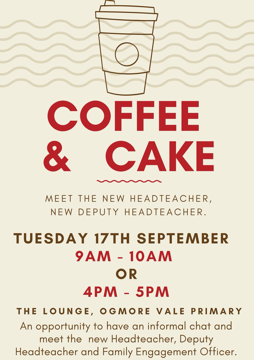 Come and join the new Headteacher and Deputy Headteacher for some Coffee and Cake. This will be an informal opportunity to have a chat. #theOVway