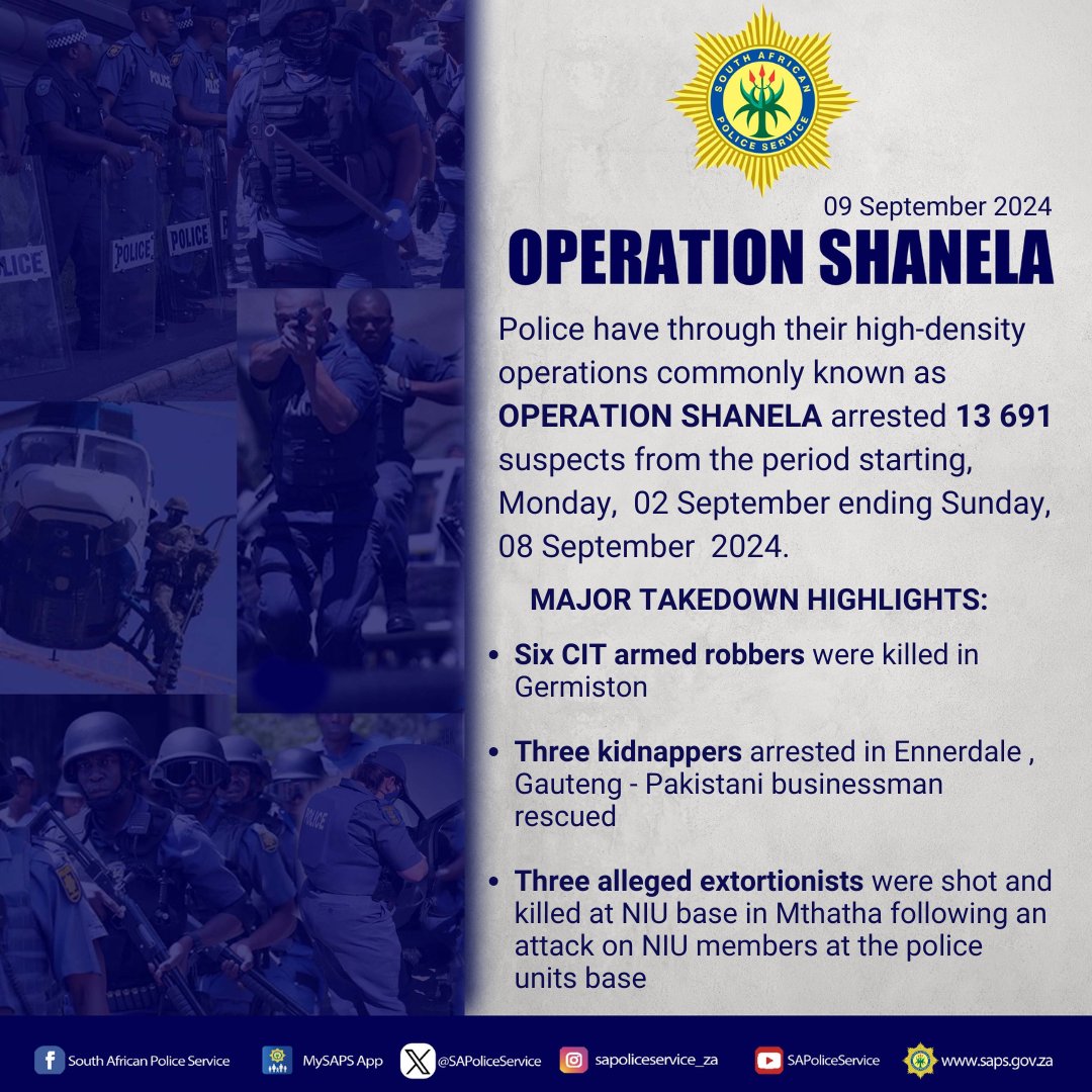 SAPoliceService's tweet photo. #sapsHQ [MAJOR TAKEDOWN HIGHLIGHTS] #OperationShanela ~ Police will continue with their operations in stamping the authority of the State to ensure the safety and security of all people living in  South Africa. #SaferSA #SaferCommunities ME https://t.co/7WUjV34MnM