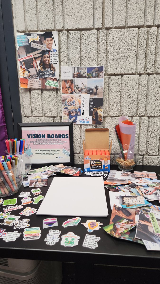 Vision board crafting station is all set up! Stop by the MSC G220 to create a vision board as a visual reminder of your goals and dreams for this semester and beyond!