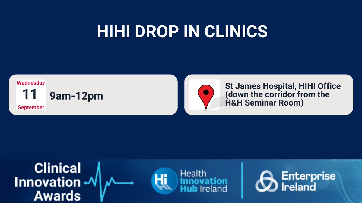 Health Innovation Hub Ireland (@hihireland) on Twitter photo Do you have an idea for a new medical device or healthcare technology? Do you want to find out more about the Clinical Innovation Awards? Join us today <a href="/stjamesdublin/">St James's Hospital</a> <a href="/tcddublin/">Trinity College Dublin</a> <a href="/RCSI_Irl/">RCSI</a> <a href="/TempleStreetHos/">CHI at Temple Street</a> <a href="/CHIatCrumlin/">CHI at Crumlin</a> <a href="/TUH_Tallaght/">Tallaght University Hospital (TUH)</a> <a href="/ThePillarDublin/">The Pillar Dublin</a> <a href="/_TheNMH/">The National Maternity Hospital</a> Do you have an idea for a new medical device or healthcare technology? Do you want to find out more about the Clinical Innovation Awards? Join us today <a href="/stjamesdublin/">St James's Hospital</a> <a href="/tcddublin/">Trinity College Dublin</a> <a href="/RCSI_Irl/">RCSI</a> <a href="/TempleStreetHos/">CHI at Temple Street</a> <a href="/CHIatCrumlin/">CHI at Crumlin</a> <a href="/TUH_Tallaght/">Tallaght University Hospital (TUH)</a> <a href="/ThePillarDublin/">The Pillar Dublin</a> <a href="/_TheNMH/">The National Maternity Hospital</a>