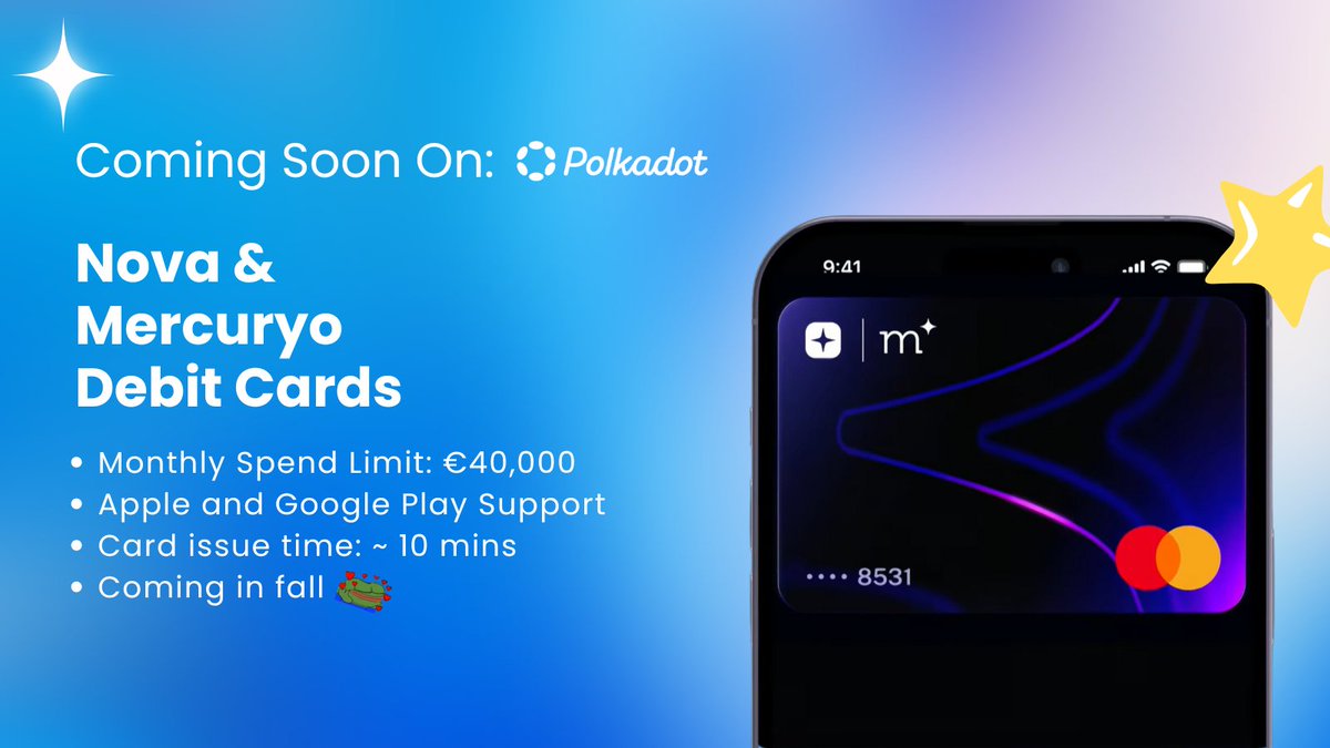 You might have missed… Nova Debit Cards are coming to Polkadot! 💳

In collaboration with <a href="/NovaWalletApp/">Nova Wallet</a>, <a href="/Mercuryo_io/">Mercuryo</a>, and <a href="/Polkadot/">Polkadot</a>, await the first-ever debit cards in the ecosystem, enabling you to seamlessly pay with no friction 💫

Coming in ⏭️ fall

. . .

Expect to see: