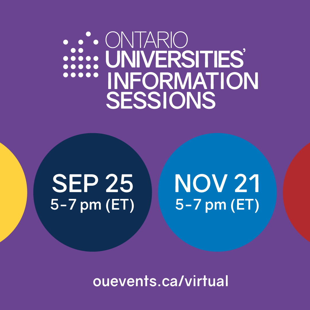 Are you thinking about where to apply to university next year?

Attend the virtual Information Sessions to watch presentations from Ontario’s universities and ask them questions.

📆 When? September 25 and November 21!

ouevents.ca/virtual