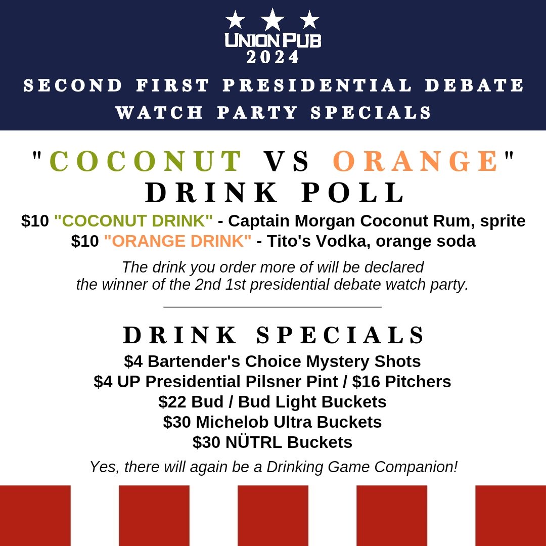 UnionPub's tweet photo. Tomorrow: π₯₯ vs πβΌοΈ Don't forget to arrive "like really early" to secure a spot at The Second First Presidential Debate Watch Party of 2024 at U.P.!
#ThisTown #CapitolHillBar #OnlyInDC #DebateNight #UnionPub2024 https://t.co/kbRlEDqVOb