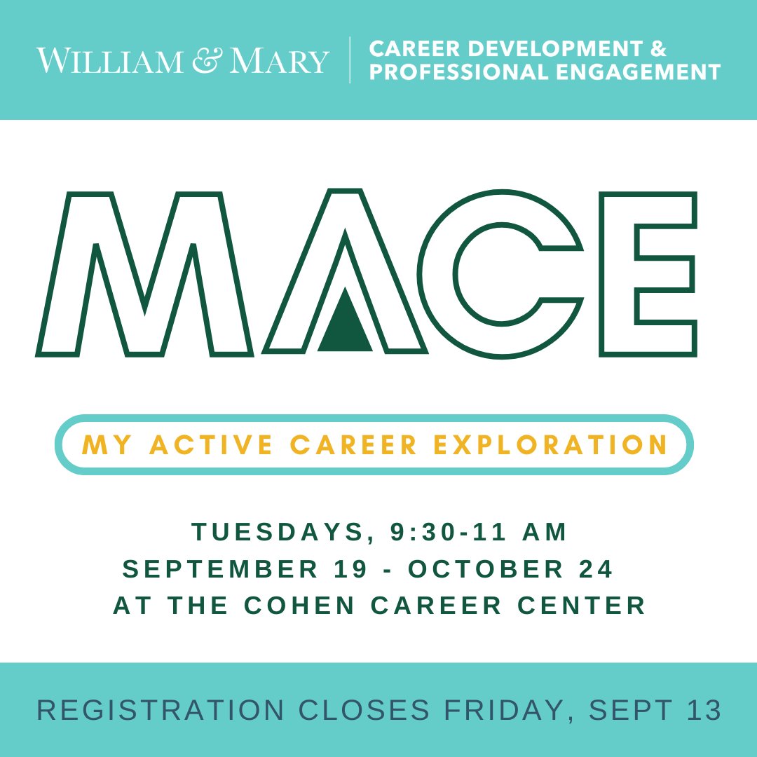 Need help figuring out your career? MACE is here to help you out-- a six-week program focusing on the discovery and exploration stages of your career development process! Register here: wmsas.qualtrics.com/jfe/form/SV_88…