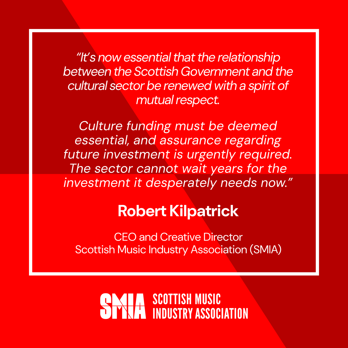 TheSMIA's tweet photo. We’ve responded to @AngusRobertson, appreciating his and @scotgov’s efforts, but stressed that without more investment, another culture crisis is inevitable. We’re committed to working with @scotgov for a sustainable future. Read more - https://t.co/jNpNfbyv4p https://t.co/Pu6YXQs6Qq