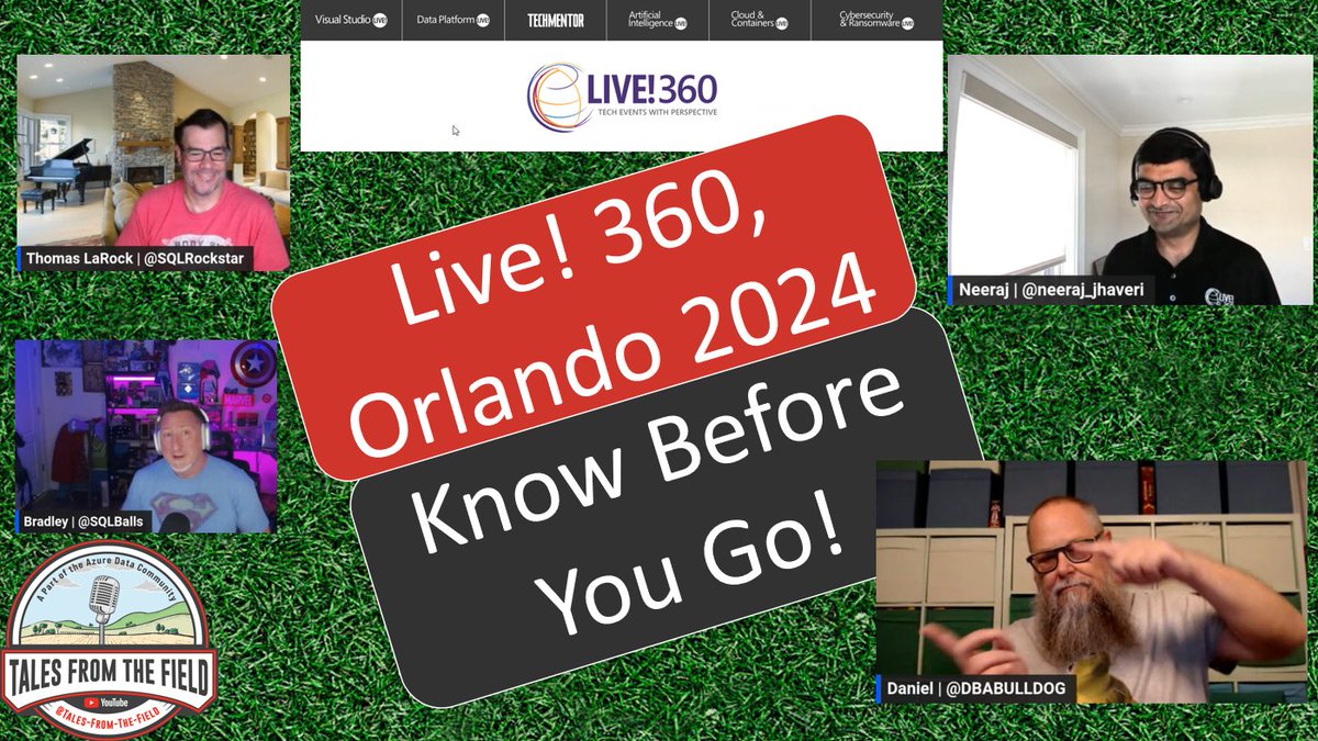 Tales From The Field (@talesftfield) on Twitter photo We are live at 12:15 pm today this time for the AI Track at Live! 360 in November!
Link: youtube.com/live/VmaUEAe7m…
Join <a href="/SQLRockstar/">Thomas LaRock</a> <a href="/SQLBalls/">Bradley Ball</a> <a href="/JoshLuedeman/">Josh Luedeman | @joshluedeman.bsky.social</a> <a href="/DBABullDog/">Daniel Taylor | DBABulldog@mas.to</a> & <a href="/andrewbrust/">Andrew Brust</a> for <a href="/Live360events/">Live! 360 Technical Conferences</a> Know Before You Go: AI Track! #AI
cc <a href="/neeraj_jhaveri/">Neeraj Jhaveri</a> <a href="/BradleySchacht/">Bradley Schacht</a> We are live at 12:15 pm today this time for the AI Track at Live! 360 in November!
Link: youtube.com/live/VmaUEAe7m…
Join <a href="/SQLRockstar/">Thomas LaRock</a> <a href="/SQLBalls/">Bradley Ball</a> <a href="/JoshLuedeman/">Josh Luedeman | @joshluedeman.bsky.social</a> <a href="/DBABullDog/">Daniel Taylor | DBABulldog@mas.to</a> & <a href="/andrewbrust/">Andrew Brust</a> for <a href="/Live360events/">Live! 360 Technical Conferences</a> Know Before You Go: AI Track! #AI
cc <a href="/neeraj_jhaveri/">Neeraj Jhaveri</a> <a href="/BradleySchacht/">Bradley Schacht</a>