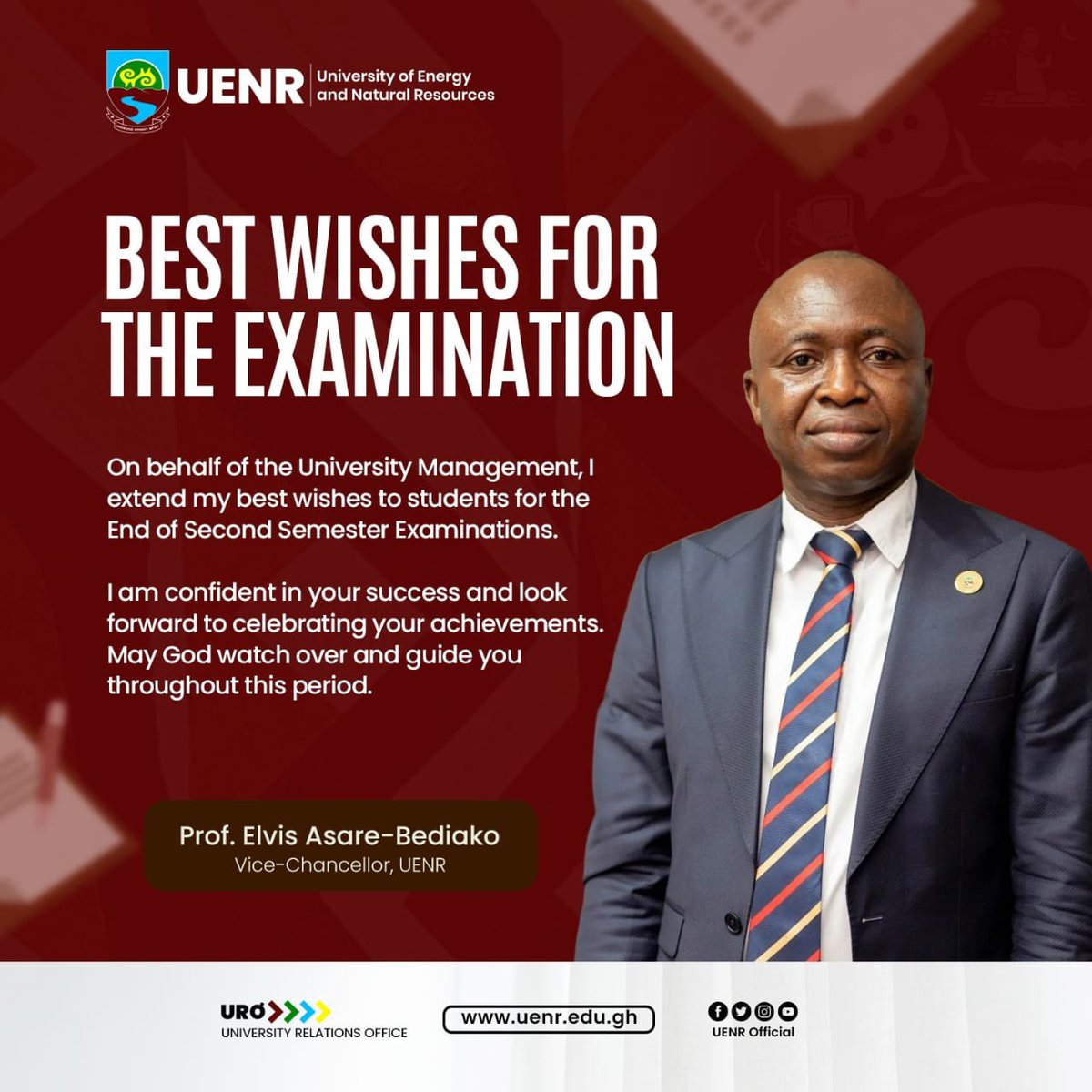 Wishing all our students the best of luck for the End of Second Semester Examinations! May your hard work pay off and your dreams unfold.

#UENR
