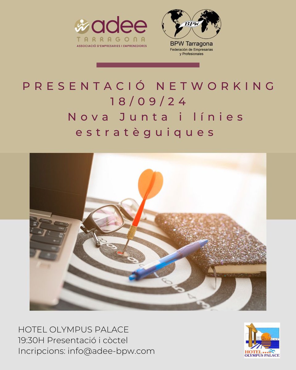 ADEE-BPW Tarragona (@adee_bpw) on Twitter photo NOU NETWORKING 📣
Arranquem el curs amb força!!!
T’esperem el 18 de setembre a les 19:30h a la Terrassa del Hotel Olympus de Salou.
Presentarem les línies d’actuació i propers esdeveniments amb la nova junta directiva de l’associació.
📥 Inscripcions info@adee-bpw.com NOU NETWORKING 📣
Arranquem el curs amb força!!!
T’esperem el 18 de setembre a les 19:30h a la Terrassa del Hotel Olympus de Salou.
Presentarem les línies d’actuació i propers esdeveniments amb la nova junta directiva de l’associació.
📥 Inscripcions info@adee-bpw.com