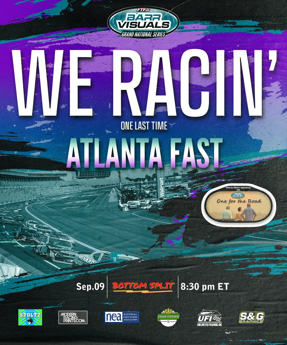 FTF_Racing's tweet image. One last time.

We crown an FTF .gg @BarrVisuals Grand National Series champion tonight at Atlanta Superspeedway.

Tune into the "One For the Road 250" tonight on @BottomSplit - twitch.tv/bottomsplit - at 8:30 pm ET.