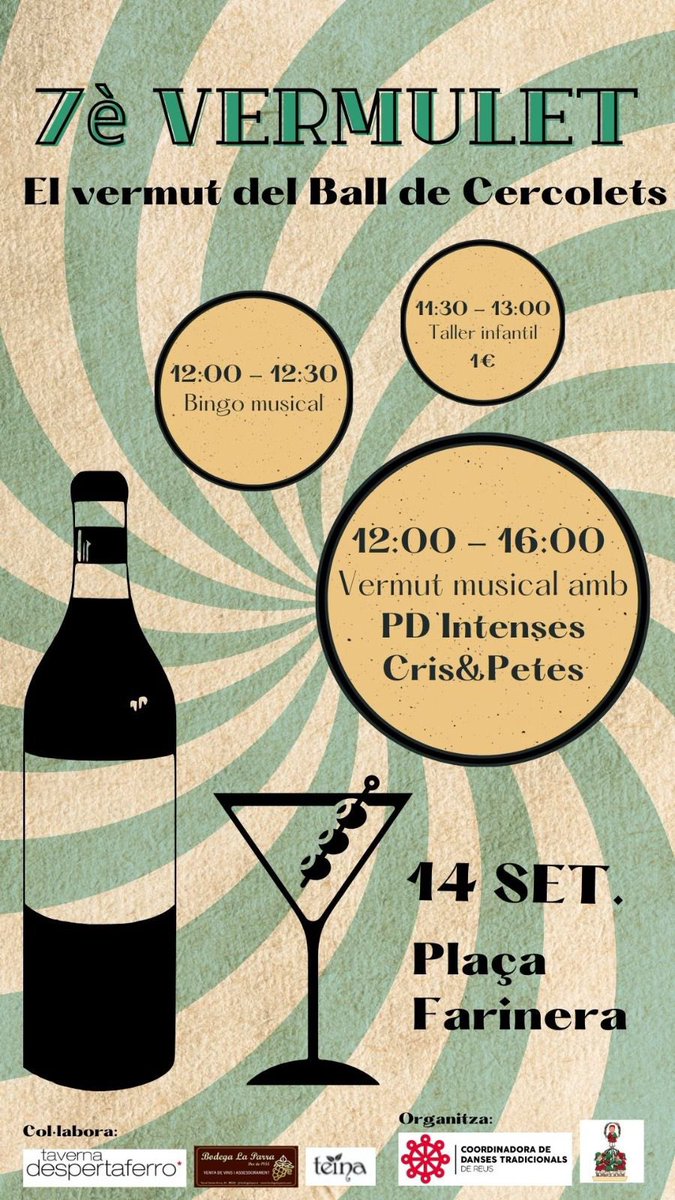 Torna el Vermulet‼️

📅 14 de setembre 
📍Plaça de la Farinera

🔈I la 7ena edició ve més carregada que mai:

Taller infantil 🌸🌼🌺
Bingo musical 🧮
PDs RTV🎶🎵
Molt de vermut 🍸🍸
I molta festa🕺🕺

Ho heu apuntat ja al calendari?