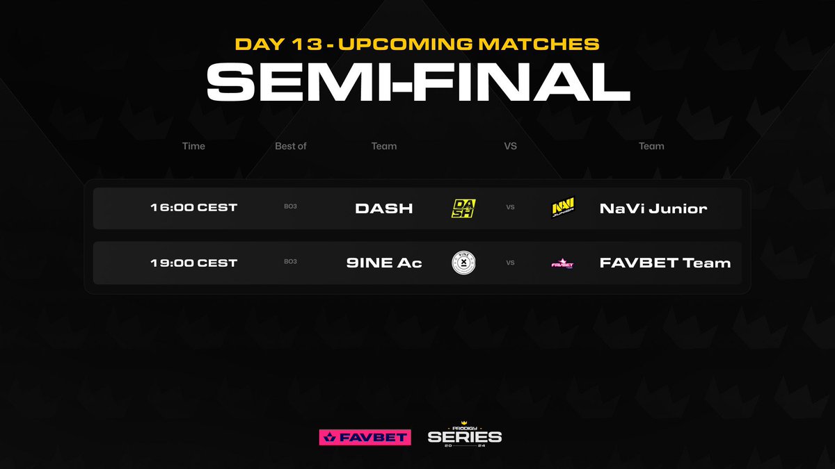 Project PRODIGY (@projectprodigyy) on Twitter photo Day 13 of the #ProdigySeries 2 👑 has kicked off with the semifinals! Here's today's schedule:
🕓 16:00 CEST
DASH vs <a href="/navijunior/">NAVI Junior</a>
(Bo3)
🕖 19:00 CEST
<a href="/9INEAC/">9INE ACADEMY</a> vs <a href="/favbet_team/">FAVBET Team</a>
(Bo3)
🇺🇦:twitch.tv/project_prodig…
🇬🇧:twitch.tv/project_prodig… Day 13 of the #ProdigySeries 2 👑 has kicked off with the semifinals! Here's today's schedule:
🕓 16:00 CEST
DASH vs <a href="/navijunior/">NAVI Junior</a>
(Bo3)
🕖 19:00 CEST
<a href="/9INEAC/">9INE ACADEMY</a> vs <a href="/favbet_team/">FAVBET Team</a>
(Bo3)
🇺🇦:twitch.tv/project_prodig…
🇬🇧:twitch.tv/project_prodig…