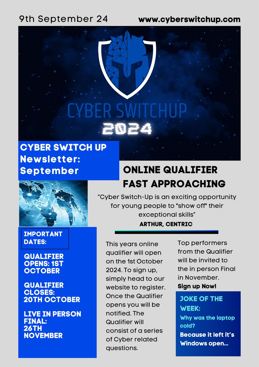 📰 ATTENTION: FIRST ISSUE OF THE CYBERSWITCHUP NEWSLETTER IS OUT! 📰

Look out for weekly information, qualifier/competition updates and Cyber joke of the week!

To sign up for the qualifier head to cyberswitchup.com

#BREAKING #CyberSecurity #cybereducation #cyberawareness