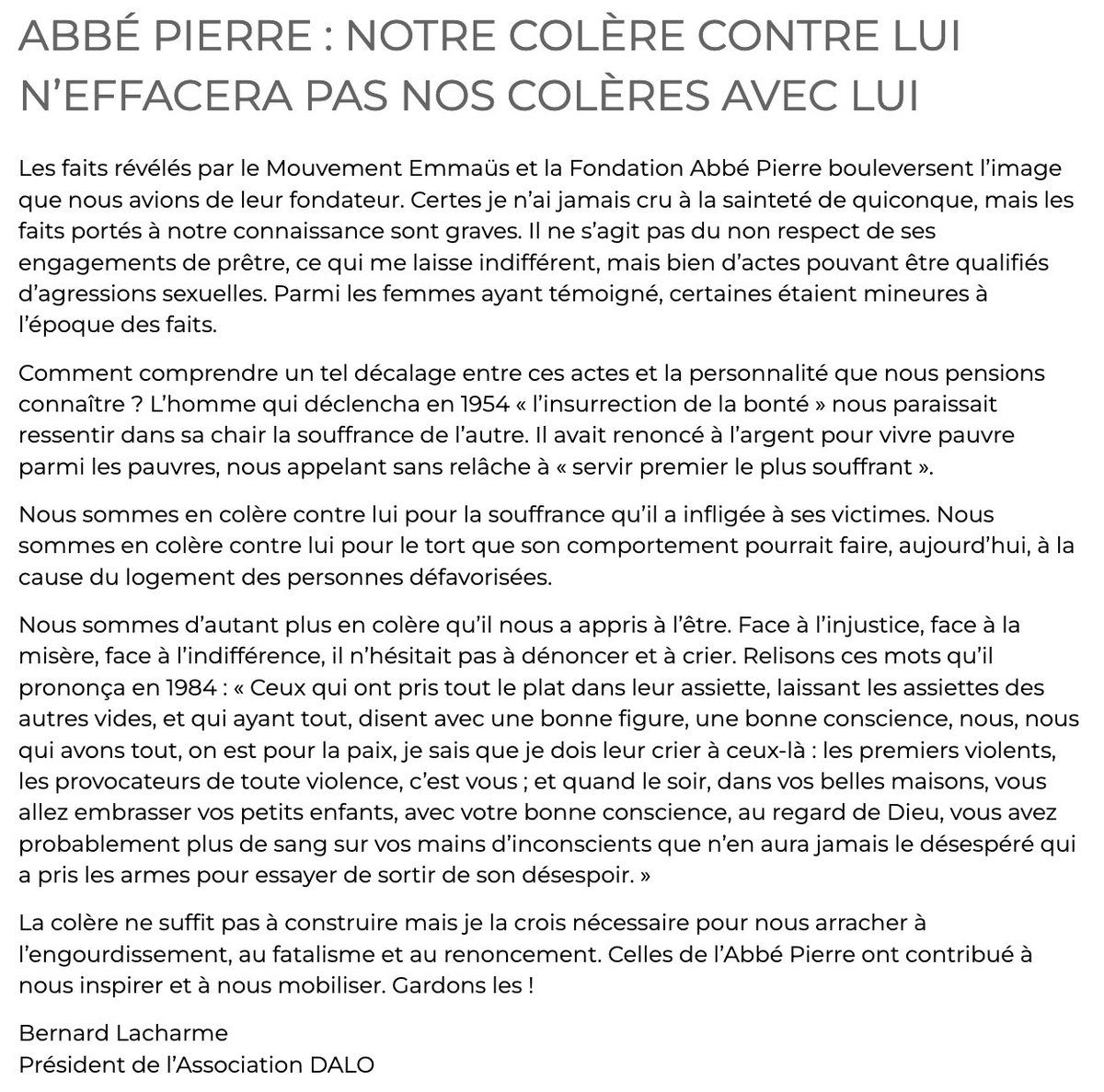 Réaction aux révélations sur l'Abbé Pierre. "Notre colère contre lui n'effacera pas nos colères avec lui".
droitaulogementopposable.org/Abbe-Pierre-no…