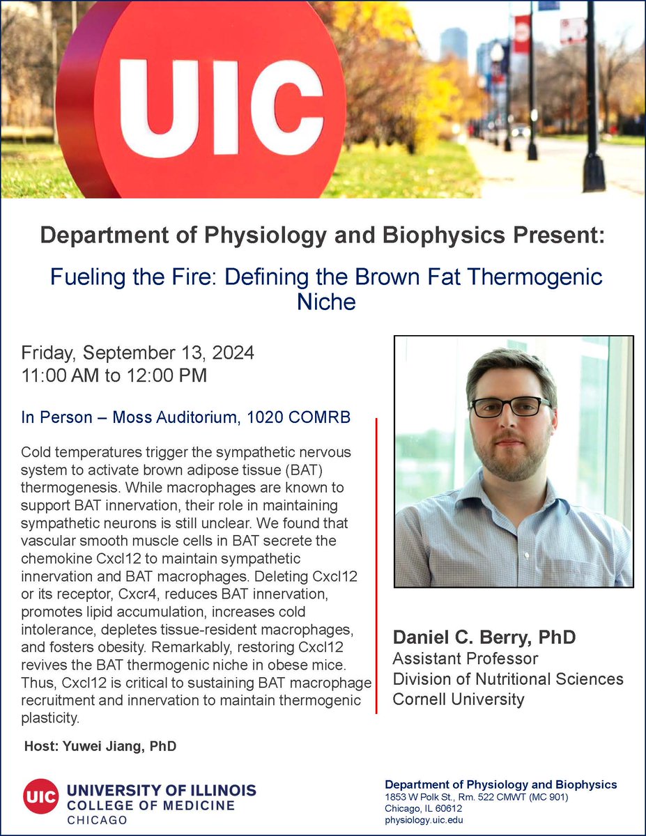 UIC Physiology (@uicphysiology) on Twitter photo Friday, September 13 - <a href="/UICPhysiology/">UIC Physiology</a> Seminar Series welcomes Daniel C. Berry, PhD, <a href="/DCBerryLab/">Daniel Berry</a>, from Cornell University to present “Fueling the Fire: Defining the Brown Fat Thermogenic Niche" Friday, September 13 - <a href="/UICPhysiology/">UIC Physiology</a> Seminar Series welcomes Daniel C. Berry, PhD, <a href="/DCBerryLab/">Daniel Berry</a>, from Cornell University to present “Fueling the Fire: Defining the Brown Fat Thermogenic Niche"