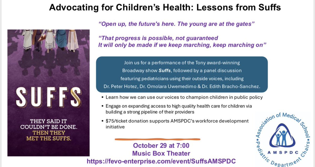 Weill Cornell Pediatrics (@wcmpeds) on Twitter photo JOIN US! The Association of Medical School Pediatric Department Chairs (#AMSPDC) is hosting a special performance of the Tony-winning #Suffs,Ā followed by a panel discussion featuring leading experts in childrenās health.Ā <a href="/SalliePermar/">Sallie Permar MD PhD</a>
Tickets/Donations: rb.gy/cby2mf JOIN US! The Association of Medical School Pediatric Department Chairs (#AMSPDC) is hosting a special performance of the Tony-winning #Suffs,Ā followed by a panel discussion featuring leading experts in childrenās health.Ā <a href="/SalliePermar/">Sallie Permar MD PhD</a>
Tickets/Donations: rb.gy/cby2mf