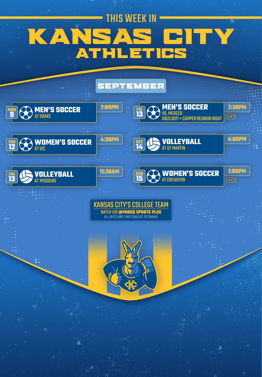 KCRoosAthletics's tweet photo. This Week we're looking GOLDEN for @KCRoosMSoccer Gold Out Friday at 7:30pm!
#ROOUP | #KCRoos | #KansasCity | #RoosHouse | #DeclareKC | #KCcommitted | #umkc https://t.co/3quPUjOogd