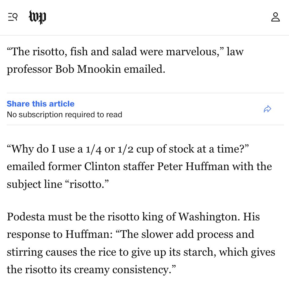 Judd Legum (@juddlegum) on Twitter photo <a href="/washingtonpost/">The Washington Post</a> 5. Nor was the coverage limited to information that "was truly newsworthy." Any tidbit of information was fair game for coverage. One Washington Post article discussed Clinton campaign chair John Podesta's risotto recipe. <a href="/washingtonpost/">The Washington Post</a> 5. Nor was the coverage limited to information that "was truly newsworthy." Any tidbit of information was fair game for coverage. One Washington Post article discussed Clinton campaign chair John Podesta's risotto recipe.