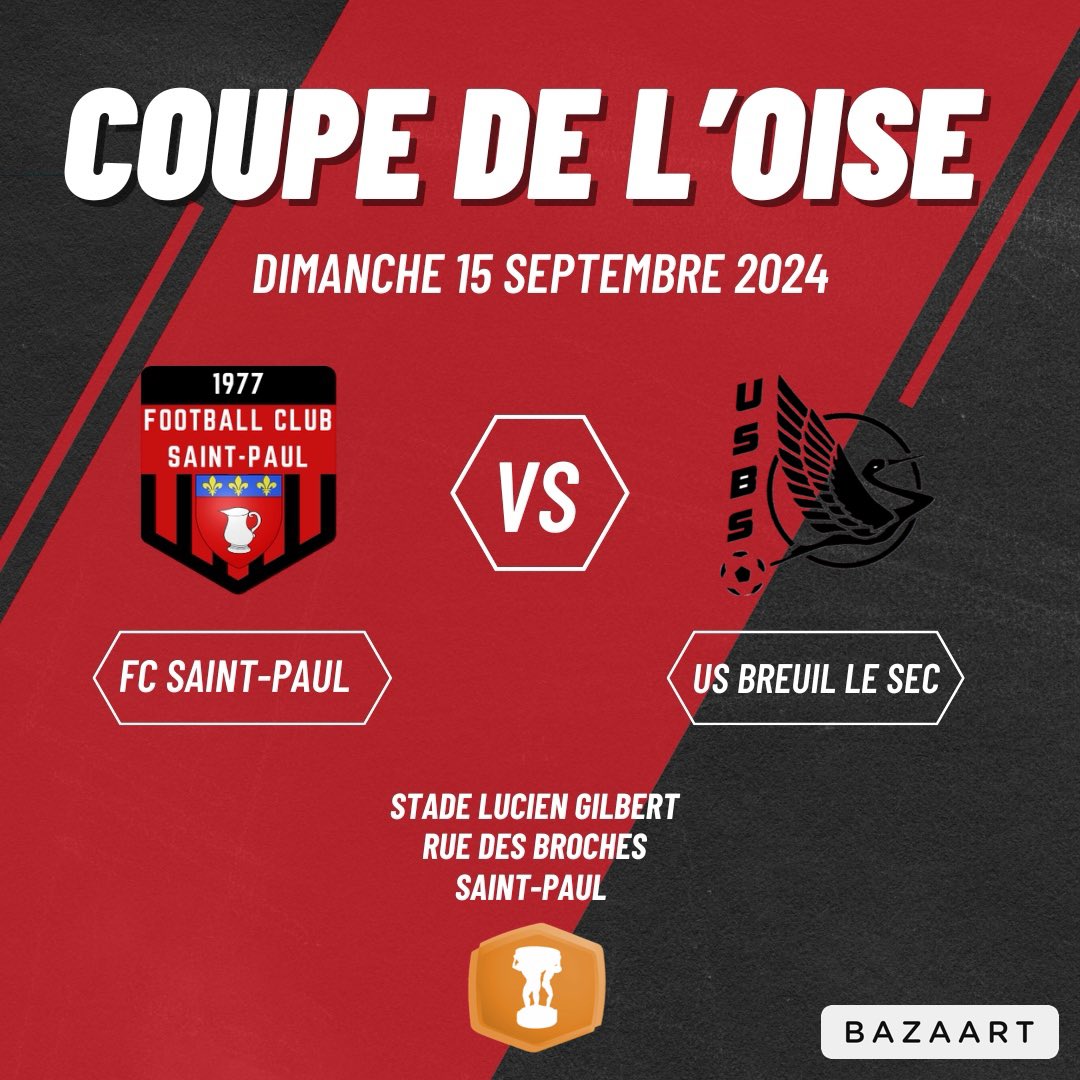 fcsaintpaul's tweet photo. [🏆 Coupe de l’Oise]

Le tirage au sort de la coupe de l’Oise a été effectué, le @fcsaintpaul recevra l’US Breuil le sec, pensionnaire de D2 au stade Lucien Gilbert ce dimanche.

#FCSPUSBS #TeamFCSP 🔴⚫️ https://t.co/psry8zrkep