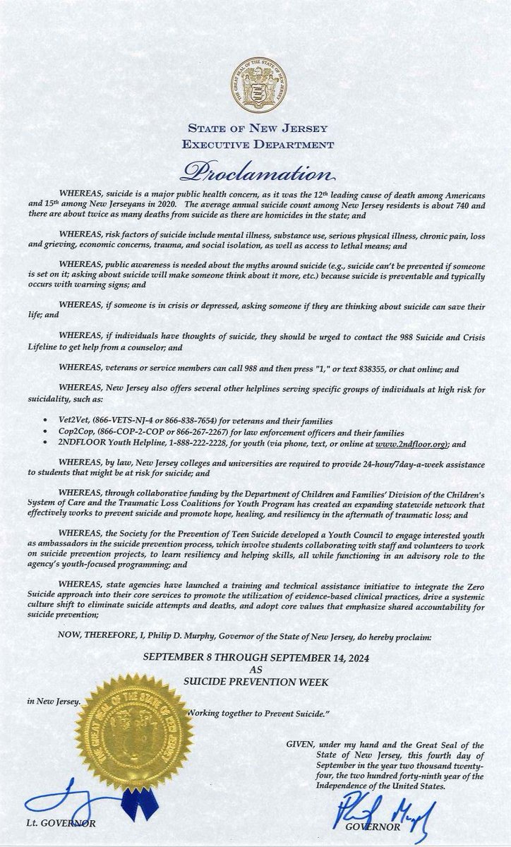 .@Govmurphy has proclaimed #SuicidePreventionWeek- a time to raise awareness and spread info about mental health-related distress. The <a href="/988Lifeline/">988 Suicide & Crisis Lifeline</a> provides judgment-free care. Talking with someone can help save your life. Call, text or chat. Visit 988lifeline.org.
