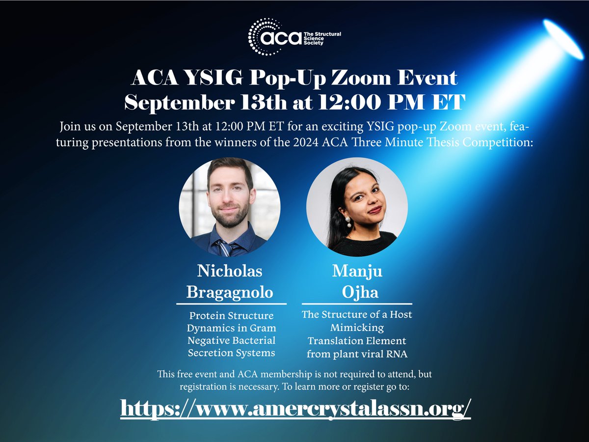 ACAxtal's tweet image. Join the #ACAYSIG Pop-Up event this Friday, Sept 13, at 12 PM ET! Hear from #acamtg2024 TMT winners and engage in live Q&amp;amp;A. Don't miss the chance to learn from these rising #StructuralScience stars! 🔬✨ acas.memberclicks.net/ysig-seminar-s… #Crystallography #EarlyCareerScientists #STEM