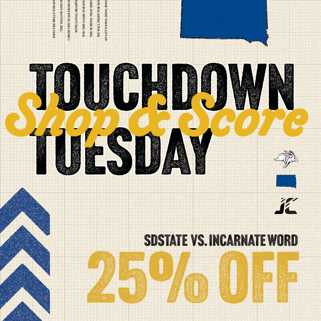 jacks_central's tweet photo. Touchdown Tuesday is back!! 🏈 Get ready to save big with 25% off tomorrow, September 10th! 🙌

*Some exclusions may apply.
https://t.co/QpVXTZeEuP

#SDState #JacksCentral #GoJacks #EarsUp #JackrabbitNation #TouchdownTuesday #JackrabbitPride #Football #Sale https://t.co/Yy7zPp0Es2
