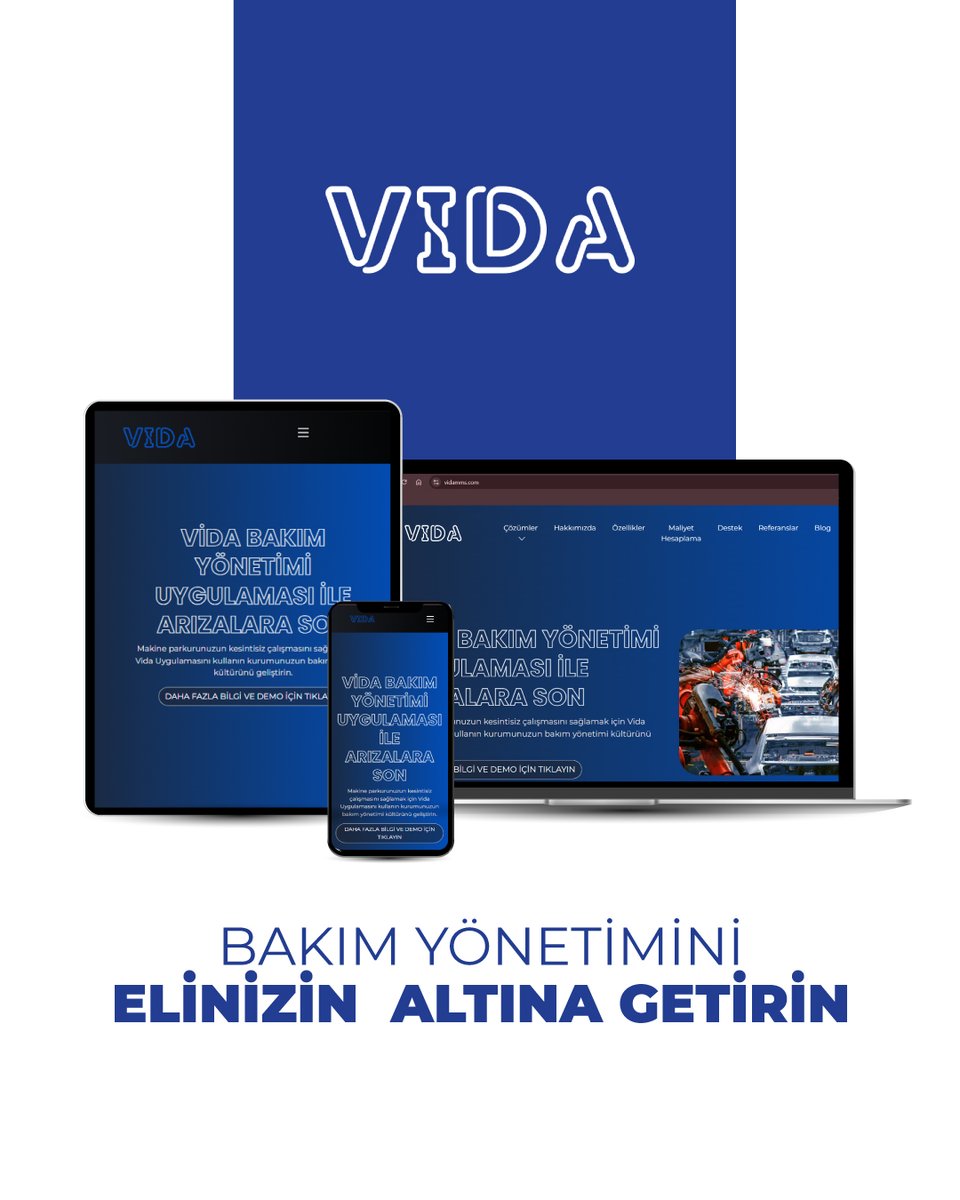 Vida MMS sayesinde bakım yönetimine her yerden ulaşın. Web, tablet ve mobil platformlarda kolay kullanım! 🌐📲