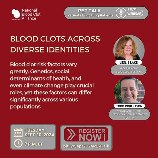 StopTheClot's tweet image. HAPPENING TOMORROW: Join us Tuesday at 7 pm for our next PEP Talk, where we discuss how a wide range of factors influence the risk of blood clots across different populations. Empower yourself with knowledge! Register: bit.ly/Sept2024PEPTalk

#stoptheclot #peptalk