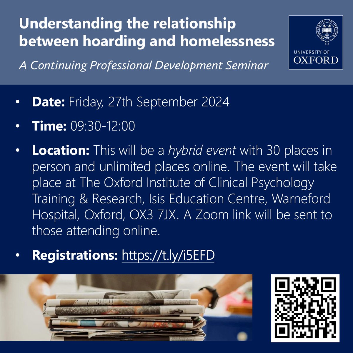 Please help us to spread the word about our free hybrid seminar on hoarding &amp; homelessness.

Registrations are now open: t.ly/i5EFD

| <a href="/psalkovskis/">Paul Salkovskis</a>, <a href="/crisis_uk/">Crisis</a>, <a href="/StMungos/">St Mungo's</a>, <a href="/Hoardingukhelp/">HoardingUK</a>, <a href="/HelpForHoarders/">Hoarding Support</a>, <a href="/salvationarmyuk/">The Salvation Army</a>, and others please share! |