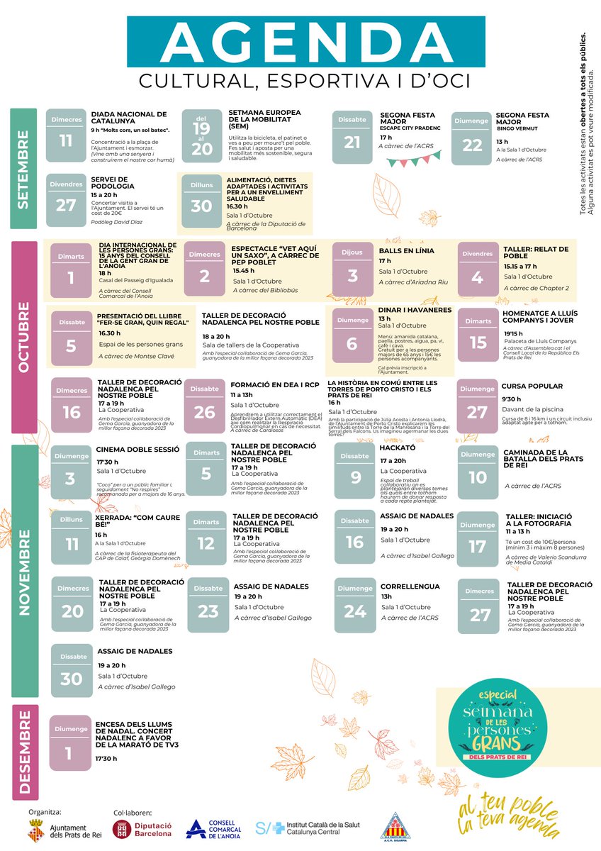 ElsPratsdeRei's tweet photo. 📣 Aquí teniu l’agenda d’activitats culturals, esportives i d'oci de tardor als Prats de Rei!
Un cop més, activitats pensades per a diversos interessos, i organitzades amb les entitats del poble.
Esperem que en gaudiu. Us hi esperem!

#ElsPratsdeRei #AltaSegarra https://t.co/7b7XDS1mT5