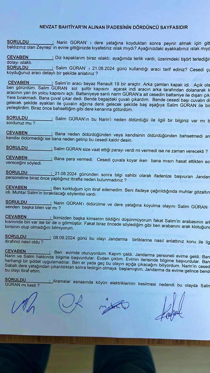 🚨Narin Güran'ın cesedini para karşılığında dere yatağına atan şüpheli N.B.'nin Jardarma verdiği ifade tutanağı:

🗣️ "Salim Güran Cesedi neden size verdi?"

🗣️ "Salim Güran güçlüdür. Adamları var"