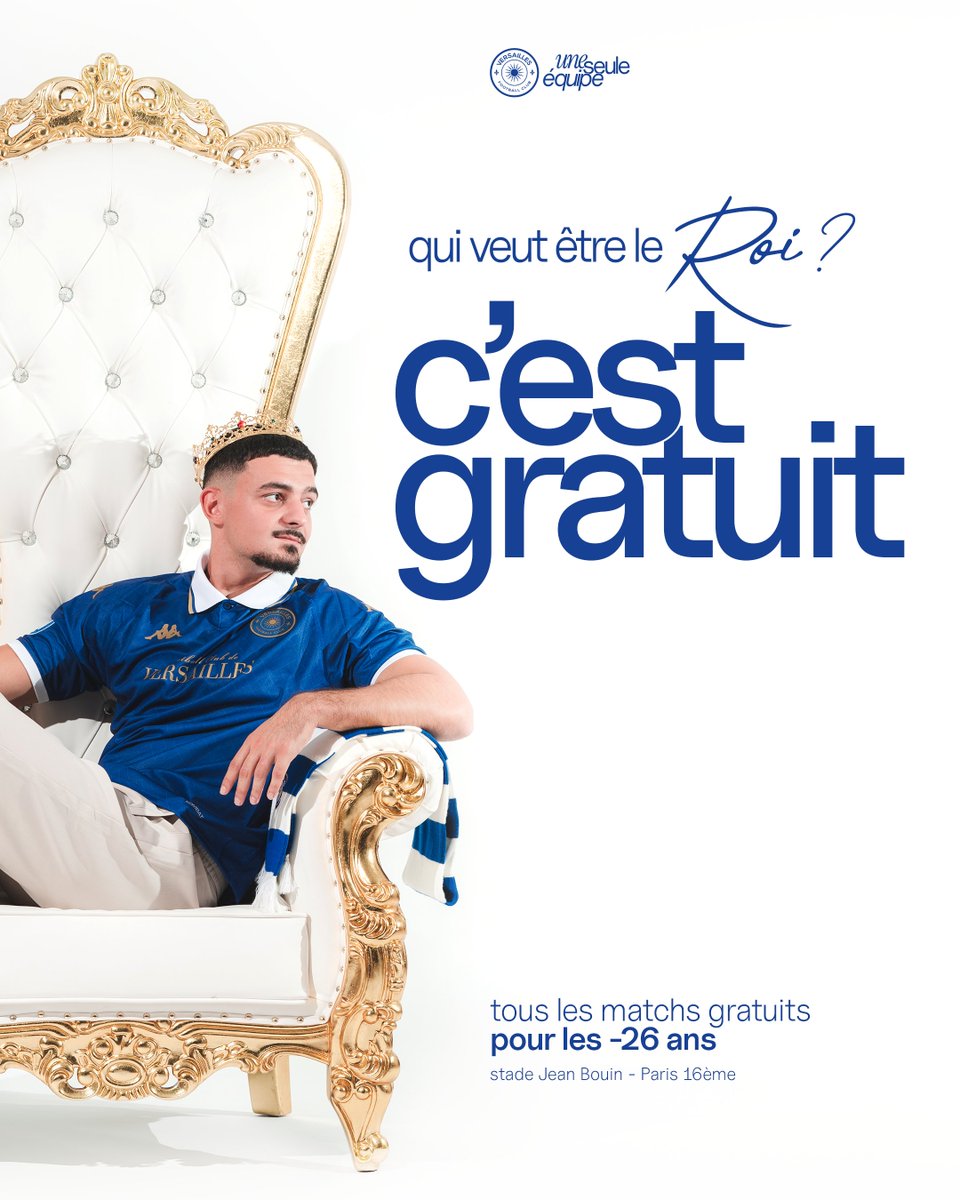 Kyshomage's tweet photo. DIRECTION ARTISTIQUE 

Campagne de gratuité FC Versailles : 
𝑞𝑢𝑖 𝑣𝑒𝑢𝑡 𝑒𝑡𝑟𝑒 𝑙𝑒 𝑟𝑜𝑖 👑 c'est gratuit

C'était mon dernier big projet pour le club
Merci pour vos retours sur la comm et l'offre 💙 https://t.co/mfBkIhXimS