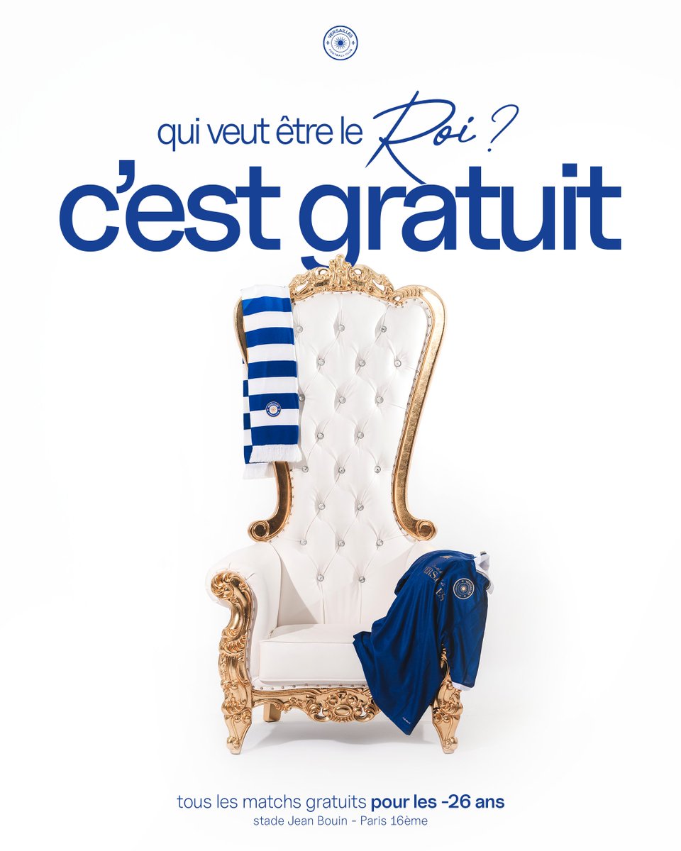 Kyshomage's tweet photo. DIRECTION ARTISTIQUE 

Campagne de gratuité FC Versailles : 
𝑞𝑢𝑖 𝑣𝑒𝑢𝑡 𝑒𝑡𝑟𝑒 𝑙𝑒 𝑟𝑜𝑖 👑 c'est gratuit

C'était mon dernier big projet pour le club
Merci pour vos retours sur la comm et l'offre 💙 https://t.co/mfBkIhXimS