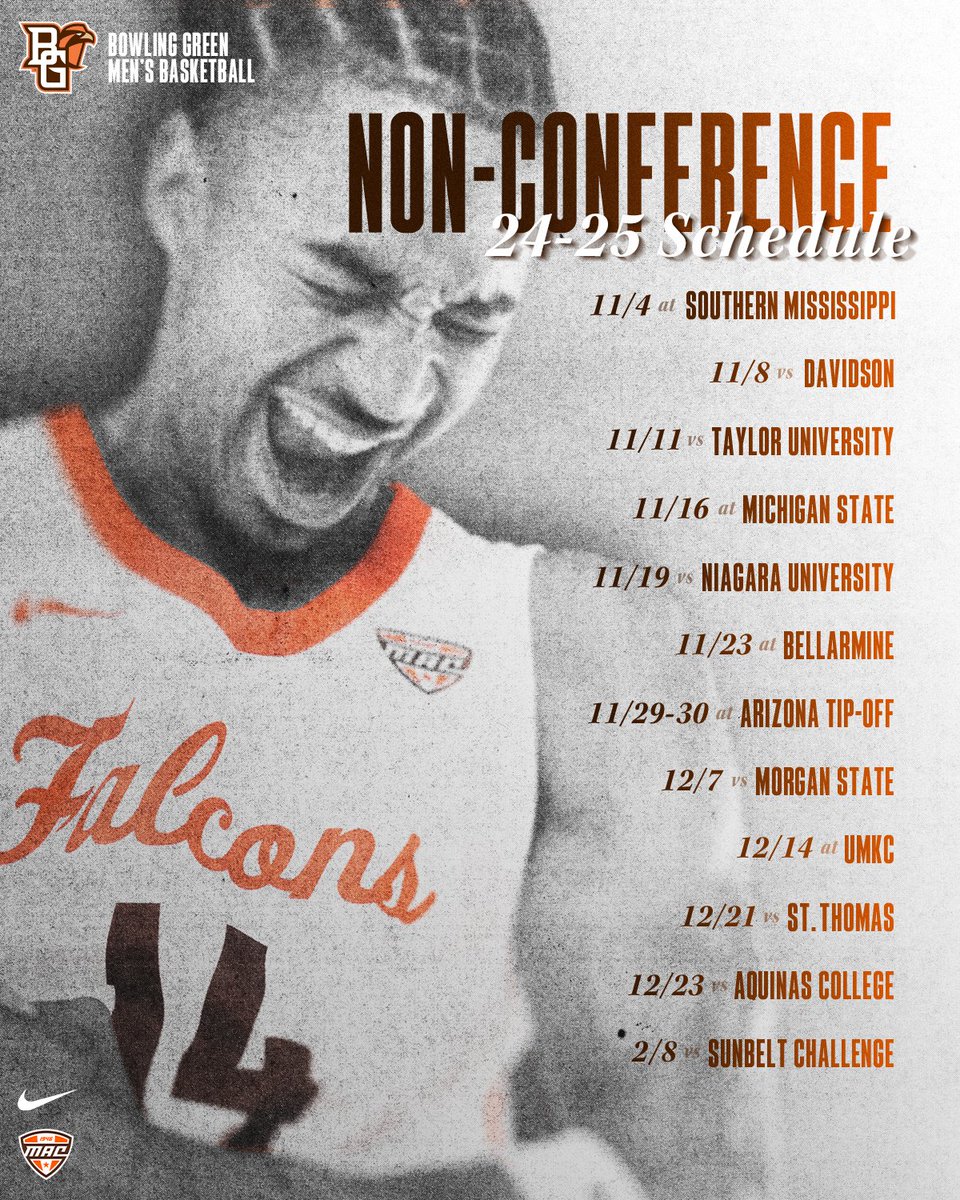 🏀BGSU Men’s Hoops To Host Davidson In Non-Conference Play

🏀Falcons Add 12 Non-Conference Contests To Complete 2024 Schedule

📰: tinyurl.com/22jb9aan
📅: tinyurl.com/ywnbxazt

#FlyAroundandFindOut x #AyZiggy