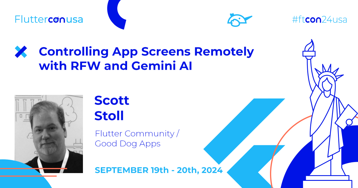 FlutterconWorld's tweet photo. Get ready for @scottstoll2017 expert insights at #ftcon24usa 📣

This #Flutter session will go over #RFW &amp; how it can change app layouts dynamically at runtime. Learn how #Gemini enhances this by showing users tailored screens based on real-time actions.https://t.co/i0XYBi0P4y https://t.co/2GSXTGqSfG